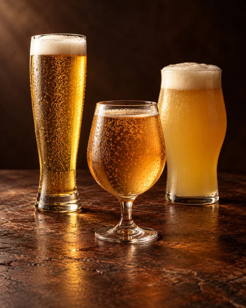 A flight of freshly poured beers at Akan Brewing Co